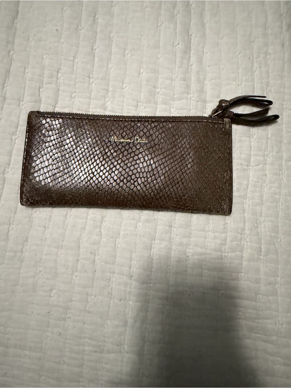 Massimo Dutti Dark Brown Leather Snake-Embossed Zip Pouch with Gold Logo